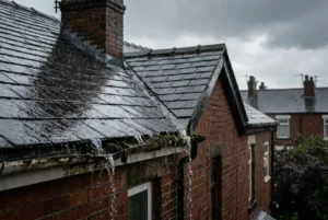 Water overflowing from a blocked gutter on a wet slate roof of a Manchester house during heavy rain.