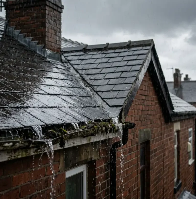 Water overflowing from a blocked gutter on a wet slate roof of a Manchester house during heavy rain.