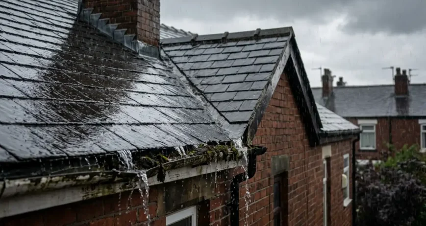 Water overflowing from a blocked gutter on a wet slate roof of a Manchester house during heavy rain.