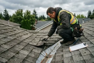 Professional roofer inspecting damaged and worn shingles on a residential roof to identify the cause of a roof leak.