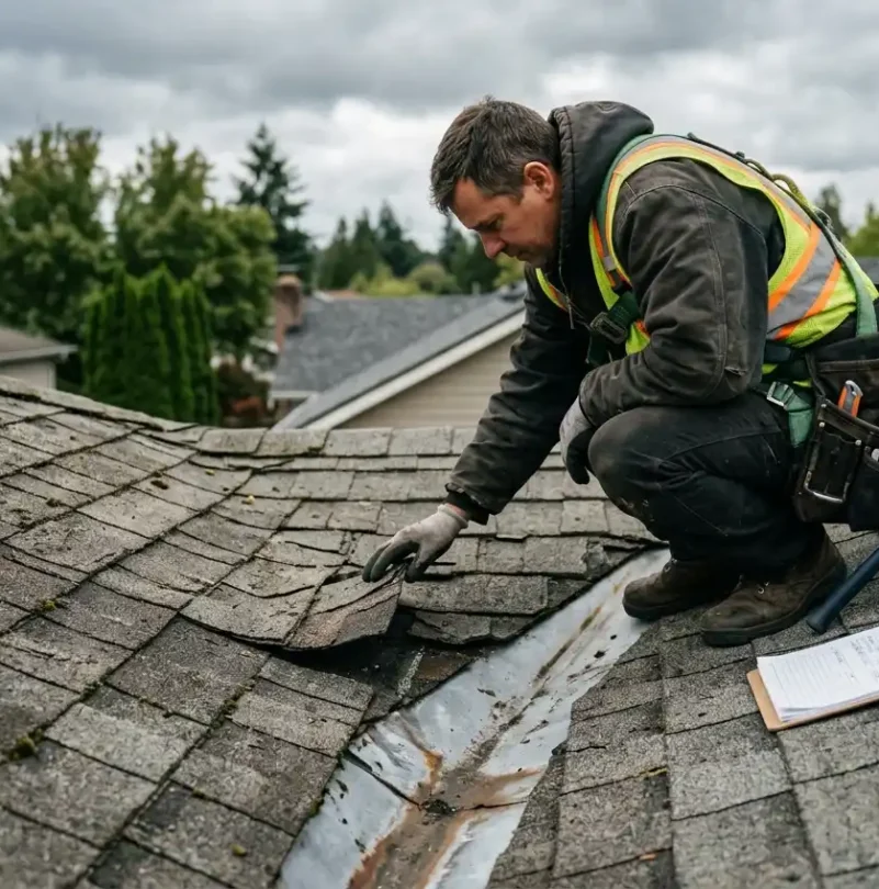 Professional roofer inspecting damaged and worn shingles on a residential roof to identify the cause of a roof leak.