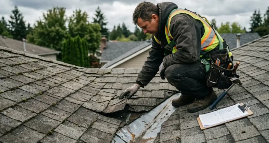Professional roofer inspecting damaged and worn shingles on a residential roof to identify the cause of a roof leak.