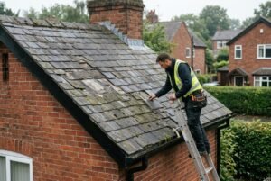 A roofer inspecting slate tiles on a Cheshire home to assess whether a roof repair or full replacement is needed.