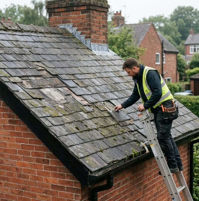 A roofer inspecting slate tiles on a Cheshire home to assess whether a roof repair or full replacement is needed.