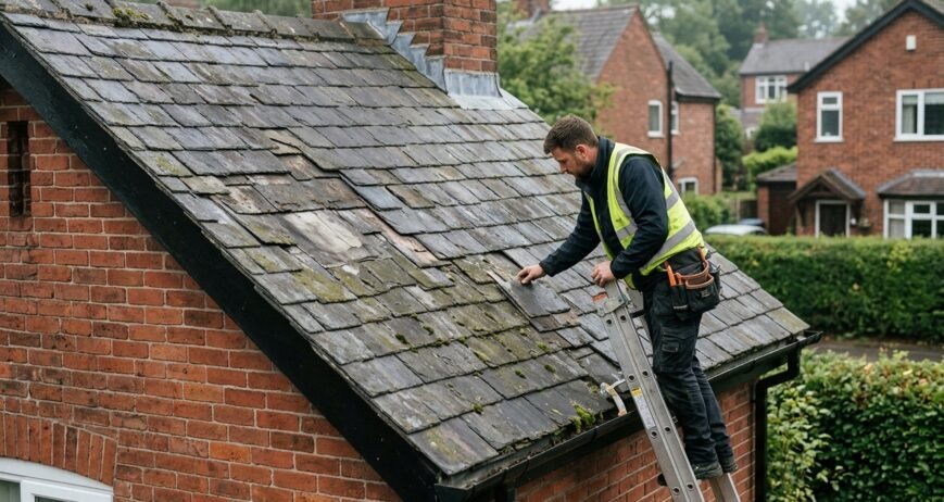 A roofer inspecting slate tiles on a Cheshire home to assess whether a roof repair or full replacement is needed.