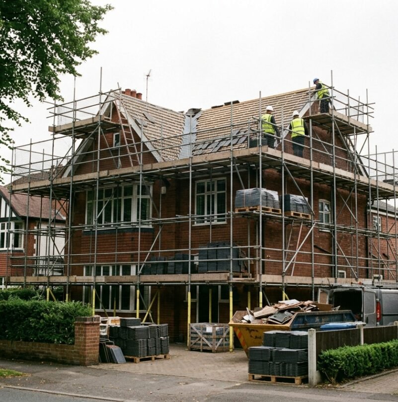 Scaffolding and materials on a Cheshire house during a full roof replacement, highlighting factors that affect the cost.