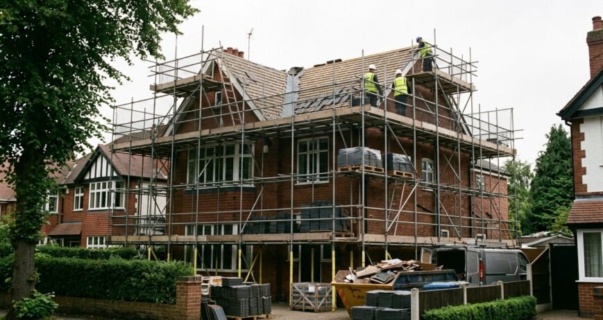 Scaffolding and materials on a Cheshire house during a full roof replacement, highlighting factors that affect the cost.