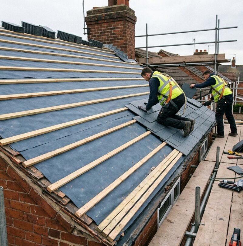 Roofers on scaffolding during a roof replacement, showing the stages of laying underlay, timber battens, and new slate tiles.