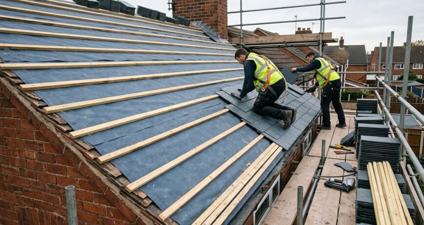Roofers on scaffolding during a roof replacement, showing the stages of laying underlay, timber battens, and new slate tiles.